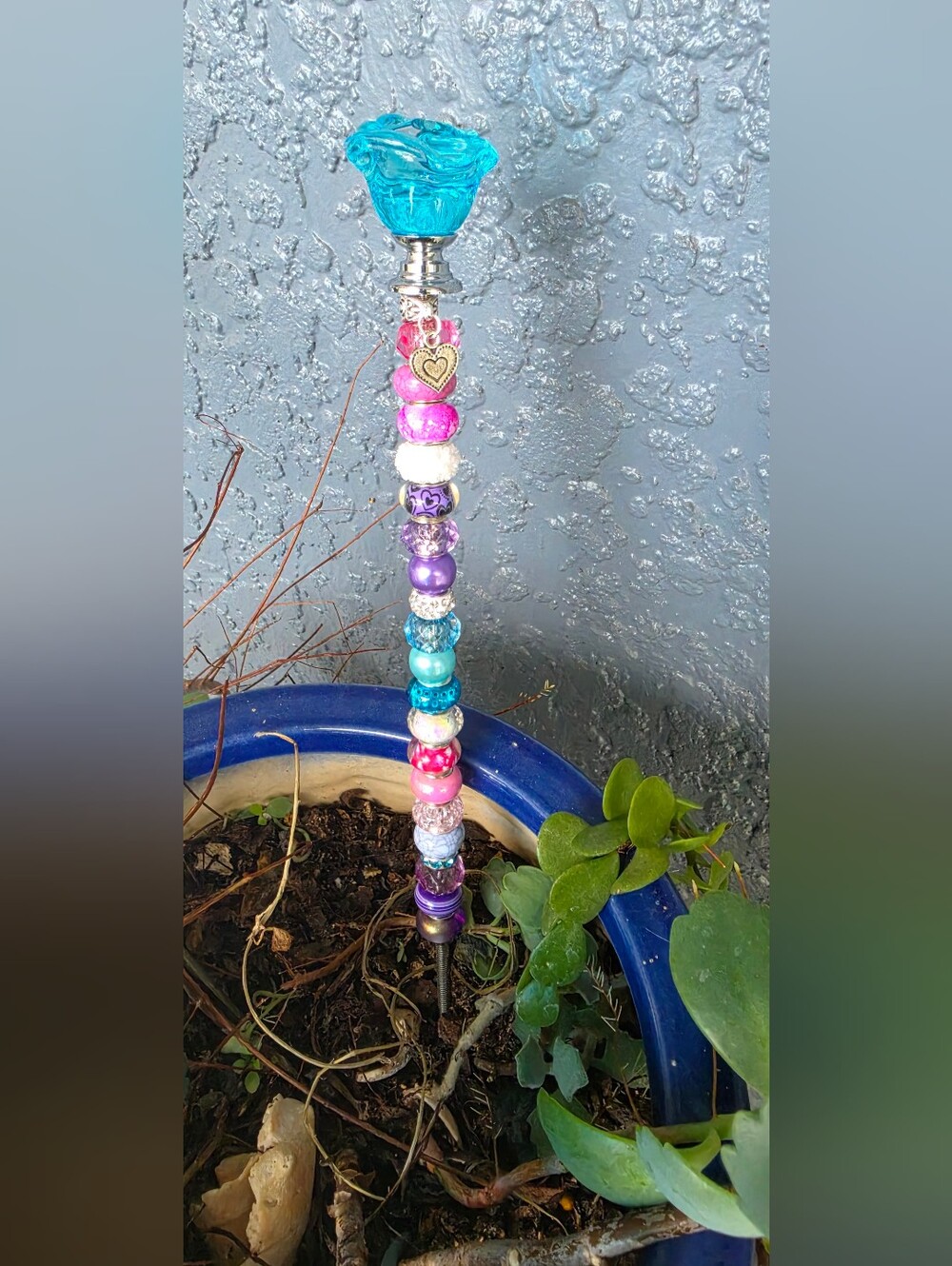 Handmade Colorful Beaded Plant Stake/ Plant Stick. With Rose Topper, Heart Charm